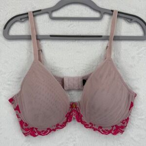 Natori‎ Bra 36D Pink Lace Trim Underwire Tulle Full Coverage